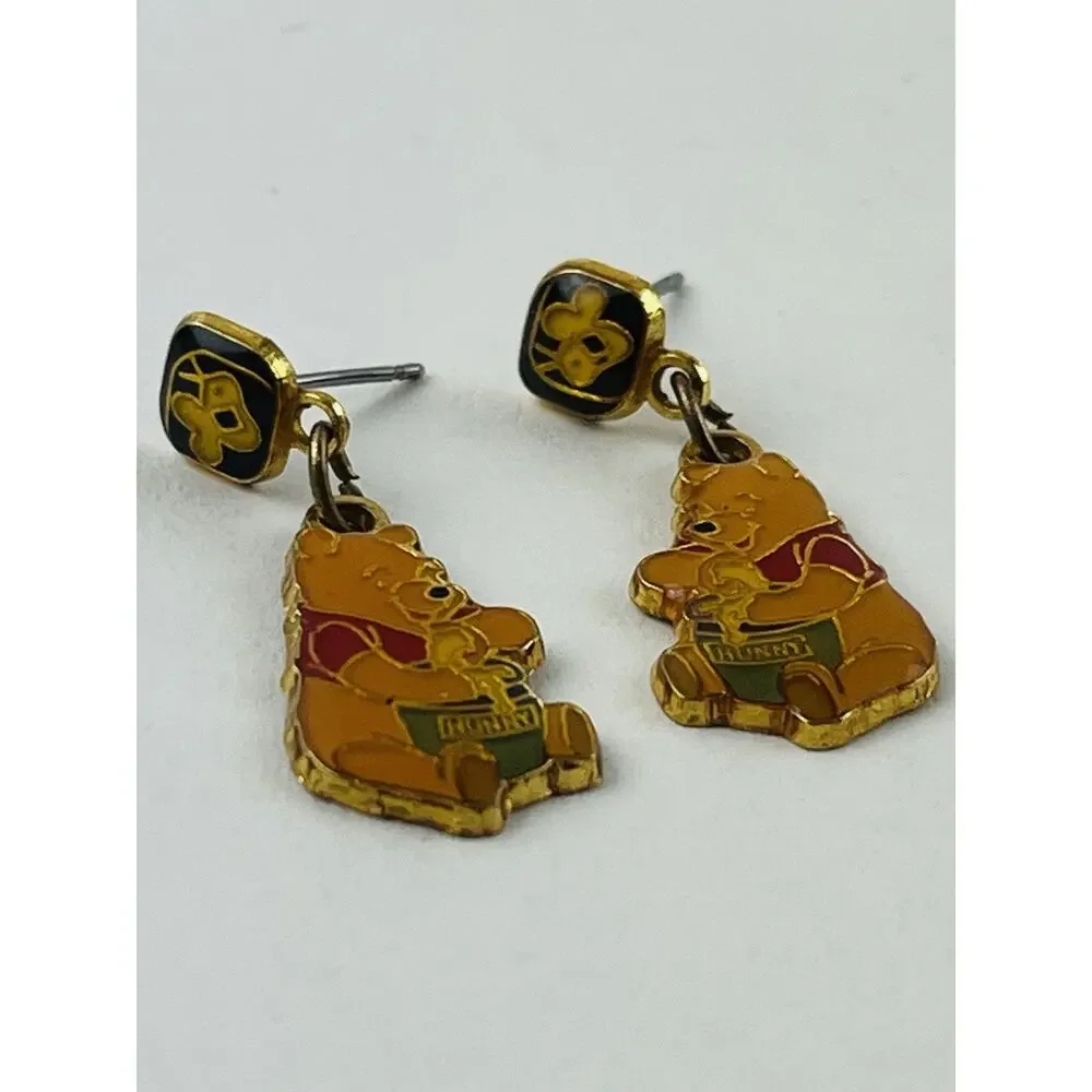 Vintage Winnie the Pooh Dangle Earrings Sitting Pooh w/Honey Pot Enamel Disney - Picture 5 of 14